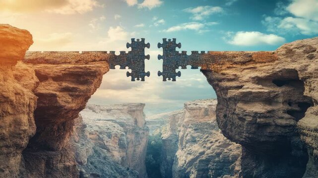 Surreal bridge formed by puzzle pieces connects two cliffs under vibrant sky