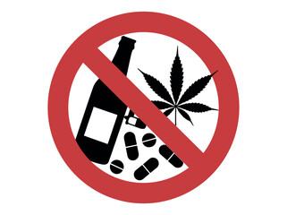 Red prohibition sign with a graphic of a bottle, marijuana leaf, and pills. Say no to substance abuse with this bold prohibition sign featuring alcohol, drugs, and marijuana. 