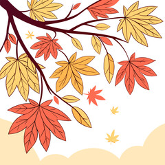 Illustration of autumn branches with leaves in shades of orange and yellow against a white background space