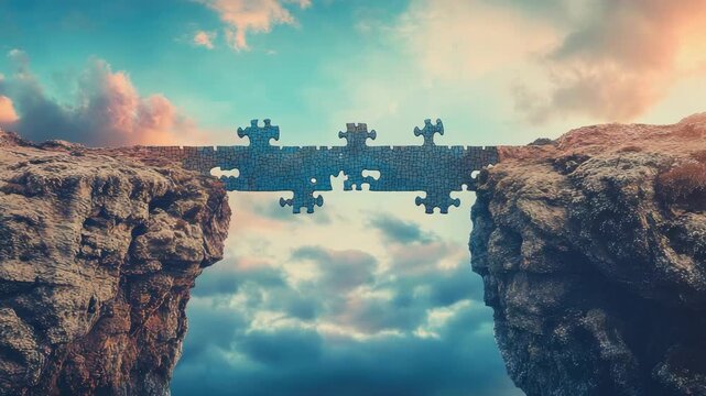 Puzzle piece bridge connecting two cliffs under vibrant sky, symbolizing connection and unity