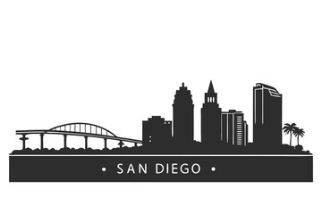 San Diego skyline silhouette with bridge and palm trees buildings