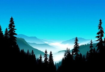 Silhouetted mountains, coniferous forest, fog, blue-green sky Vector illustration,  cedar,  fog