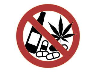 Red prohibition sign with a graphic of a bottle, marijuana leaf, and pills. Say no to substance abuse with this bold prohibition sign featuring alcohol, drugs, and marijuana. 