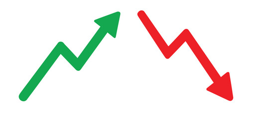 Green up arrow and red down arrow icon set representing stock market trends and financial analytics, flat vector symbols isolated on transparent background