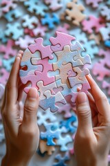 Pastel heart puzzle pieces held in hands.
