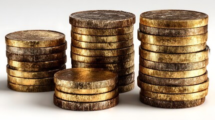 Stacks of old coins in varying heights.