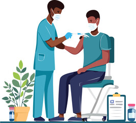 Fototapeta premium Nurse giving vaccine to a seated patient, medical tools like syringes, clipboard, and sanitizer