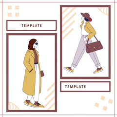 Obraz premium Illustration of two women in fashionable outfits as part of a template design layout with frames