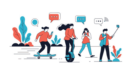 Fototapeta premium Modern people engage in mobile communication and use electric personal transport devices outdoors enjoying a sunny day with stylized plants and blue sky