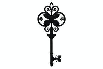 Obraz premium Elegant Antique Key Silhouette on White Background for Design and Decoration projects or Security related concepts