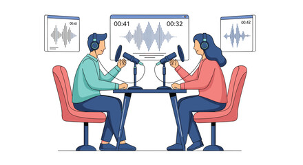 Two people are recording a podcast together in a studio with microphones and headphones listening to audio waveforms on a screen
