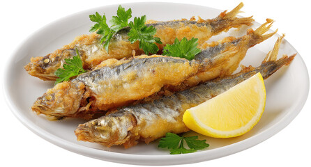 Crispy fried fish fillets on a plate with lemon and parsley