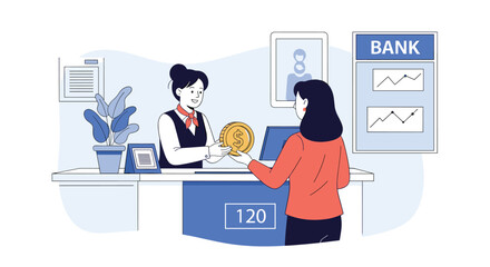 Fototapeta premium Illustrative image of a woman interacting with a bank teller at a counter receiving a coin transaction at a financial institution