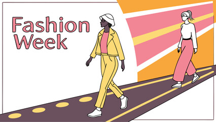 Fototapeta premium Two models walking on a runway during fashion week with colorful background and stylish outfits displayed, quite chic