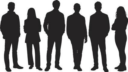 Group of people silhouettes standing in casual poses, diverse characters, black shadow figures on white background, vector illustration concept design.