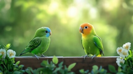 Fototapeta premium Colorful Birds Perched Together in a Lush Natural Environment