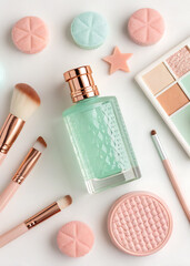 Aesthetic flat lay of pastel makeup perfume and bath bombs creating a serene beauty scene