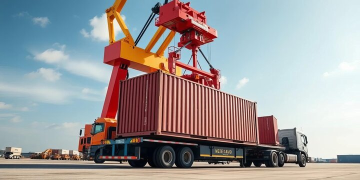 Toplifter crane precisely placing shipping container onto trailer, crane, handling
