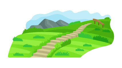 Obraz premium Scenic landscape vector art with hiking trail up green hill and mountain view background illustration design