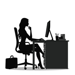 Woman working on computer at desk with briefcase silhouette office