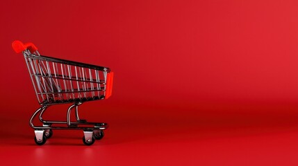 Small Metallic Shopping Cart on Red Background