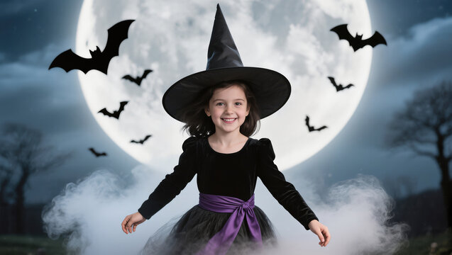 Smiling girl in witch costume with hat standing in foggy Halloween scene under full moon with flying bats