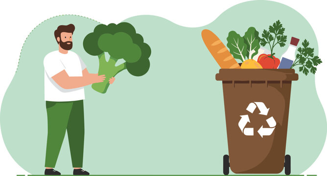 Man holding broccoli near recycling bin filled with food waste and vegetables, promoting composting, sustainability, and zero waste lifestyle concept