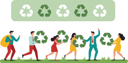 People holding recycle symbols teamwork concept, eco-friendly community, green collaboration, sustainable development, corporate recycling effort, environmental responsibility vector illustration