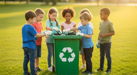 Children enthusiastically sort recyclables into a green bin during a park cleanup.