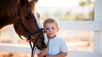 Little boy standing beside a brown horse in a paddock, gently holding the reins and showing a calm emotional bond