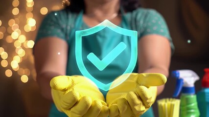 Woman in Gloves Holding a Holographic Shield Surrounded By Cleaning Supplies With Soft Bokeh Lighting