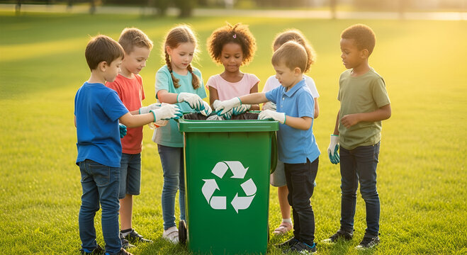 Children enthusiastically sort recyclables into a green bin during a park cleanup.