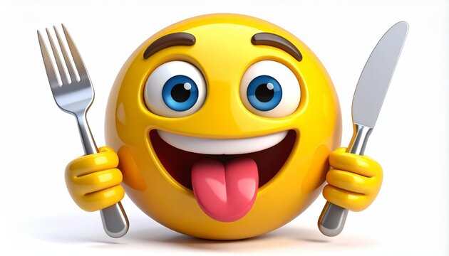 A very hungry yellow cartoon face with a knife and fork, licking its lips in anticipation of a delicious meal.