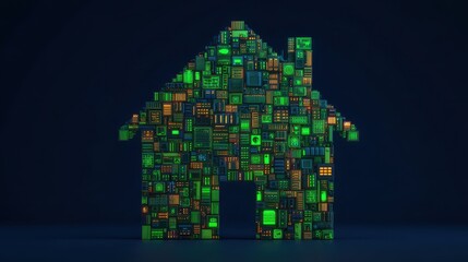 Fototapeta premium Low impact living concept, A house silhouette filled with electronic circuit patterns, symbolizing technology and innovation in home design.