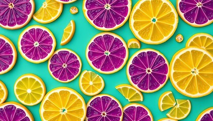 Vibrant purple and yellow citrus slices, lively pattern on teal background , image, wallpaper