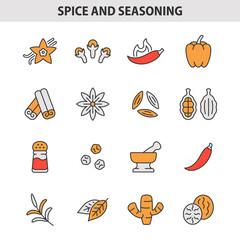 Spice and seasoning line icon set. Vector color collection condiment with vanilla, clove, hot pepper, cinnamon, anise star, salt shaker, ginger and nutmeg.