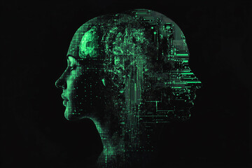 Digital art of a human face in profile, composed of green circuitry and data patterns, blending human features with technology.