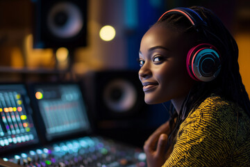 A young woman with braided hair wearing pink and blue headphones, smiling at a music mixing console in a recording studio.