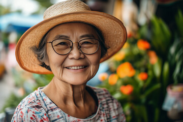 Elderly woman with glasses and a straw hat smiling in a garden with colorful flowers and green foliage.