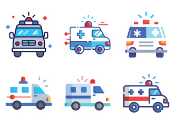 Collection of Whimsical and Colorful Ambulance Vehicle Icons on a White Background