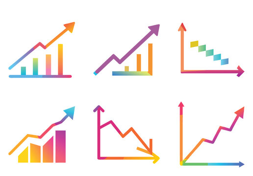 Colorful business statistics vector graphic set depicting growth and decline