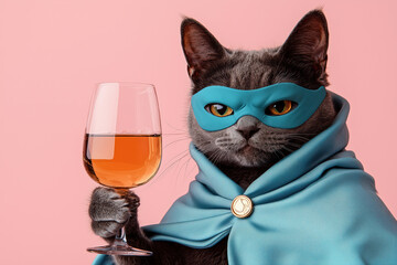 A gray cat dressed as a superhero, wearing a blue mask and cape, holding a glass of wine against a pink background.