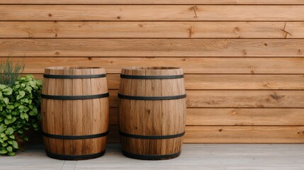 Fototapeta premium Low impact living concept, Two wooden barrels beside lush greenery against a rustic wooden wall.