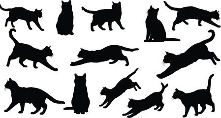 Set of black cat silhouettes in various poses, walking, sitting, stretching, and jumping, isolated vector illustrations on white background.