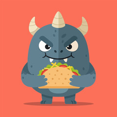 Fototapeta premium Monster Holding Taco Illustration with Angry Expression on a Red Background
