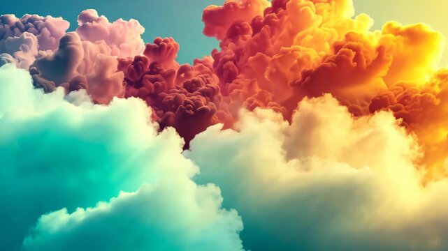 Whimsical 3D clouds float in vivid, dreamy sky, melding harmoniously, evoking a surreal ambiance. Abstract 3d background