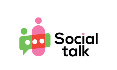 Vector icon logo representing communication and conference, featuring people with chat bubbles to symbolise discussion, conversation, and collaboration	