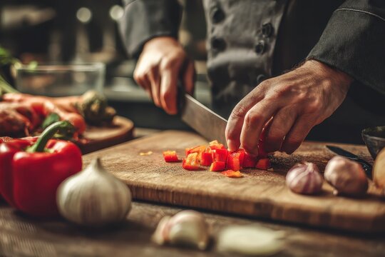Chef dices peppers on wood board in kitchen. Recipe usage for cooking, food blog