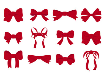 Large set of 12 pieces, red, vintage, elegant bows. Vector illustration on a white background.