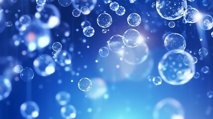 A glowing web of perfectly clear glass bubbles with soft rainbow highlights, suspended against a deep blue background with subtle gradient lighting effects.